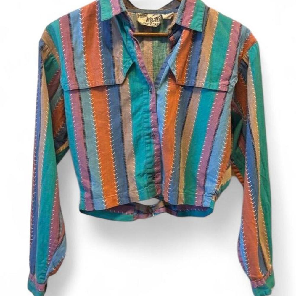 90s Western Stripe Crop Button Up – Southwest Cowgirl Top M - Picture 8 of 8